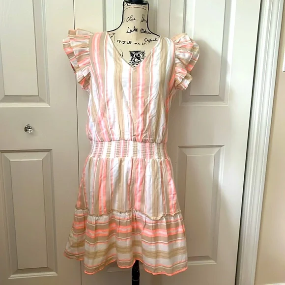 NWT Vineyard Vines coral & tan striped v neck dress sz medium - Picture 2 of 13